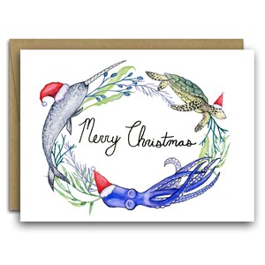 Leuke Oceaan Vrienden Kerstkaart / Oceaan Kerstkaart / Vrolijk Kerstfeest / Kerstkaarten / Kerstkaart / Narwal / Zeeschildpad / Zee