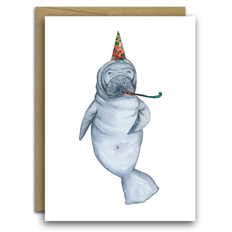 May include: A watercolor illustration of a manatee wearing a red and green party hat and a blue party horn. The manatee is light gray with a light blue tail.