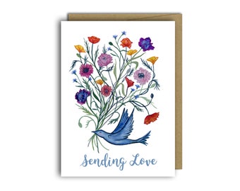 Thinking of you card / bereavement card / thinking of you card / sympathy card / miss you card / get well card  / bluebird / bird / floral
