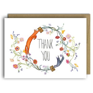 Carte de remerciement Renard et Corbeau // Carte de remerciement florale // Fleurs // Créature des bois Merci // Cartes de remerciement mignonnes // Renard & Corbeau