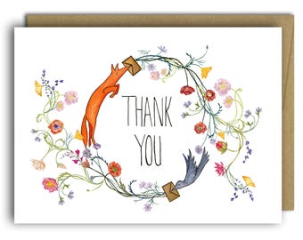 Thank You Fox and Crow Card // Floral Thank You Card // Flowers // Woodland Creature Thank You // Cute Thank You Cards // Fox & Crow