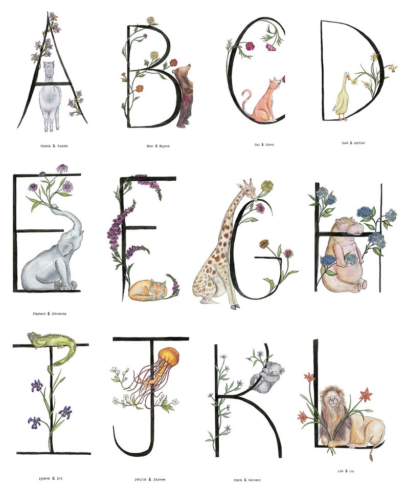 Nursery letters / alphabet / flower letters / animal letters / Etsy