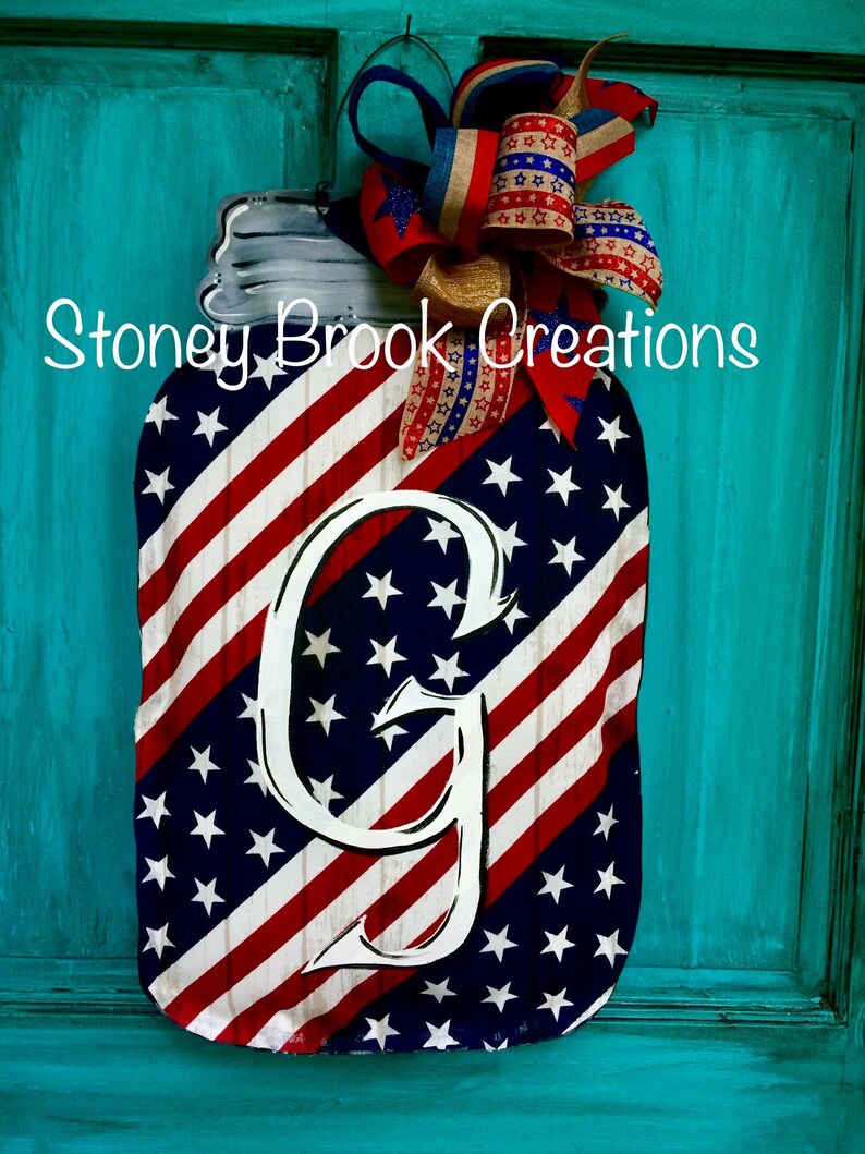 Patriotic Mason Jar Door Hanger Wreath USA Americana Red White Blue Stars and Stripes Mermorial Day 4th of July Independence Outdoor Fabric