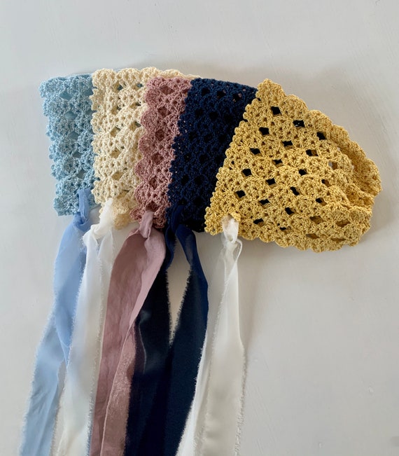 Crochet Lace Newborn Baby Bonnet With Chiffon Ribbon - Etsy display picture 1