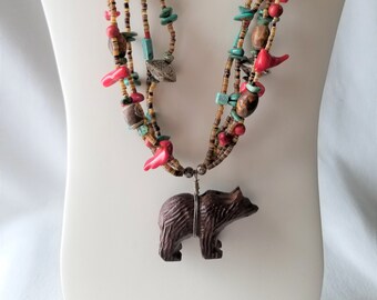 Estate Vintage Designer Carved Wooden Bear Necklace