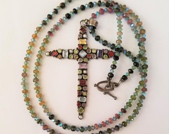 Jeweled Cross Matching Beaded Necklace 19 1/2 Inches Long