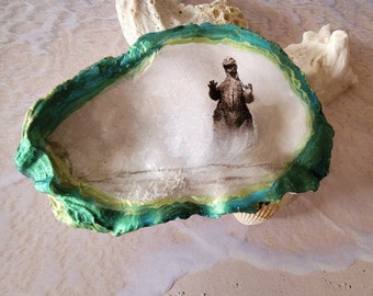 Godzilla Vintage Decoupaged Seashell Trinket, Jewelry, soap, paperclips, pearl collection, chewed gum holder, tiny rocks, and keys dish.