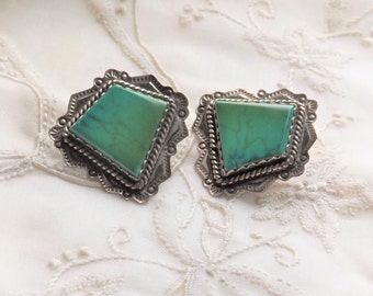 Turquoise Estate Vintage Hand Tooled Sterling Earrings