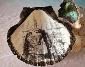 Seashell Decoupaged With Fat Fish and Friend Lunching Trinket Dish Jewelry Resting Spot