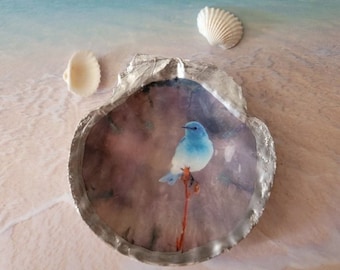 Seashell Decoupaged Set of 2 Blue Bird and Eggs