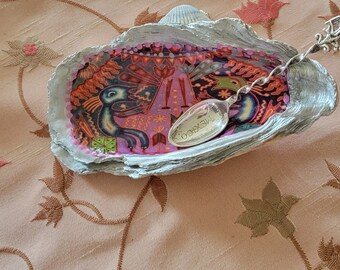 MEXICO Motif Decoupaged Oyster Shell For Table Spice  Dish Including Sterling Silver Spoon