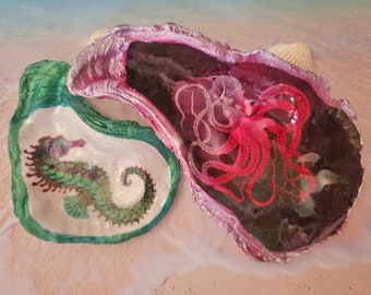 Set of Two Decoupaged and Painted Seashells Pink Octopuss and Seahorse