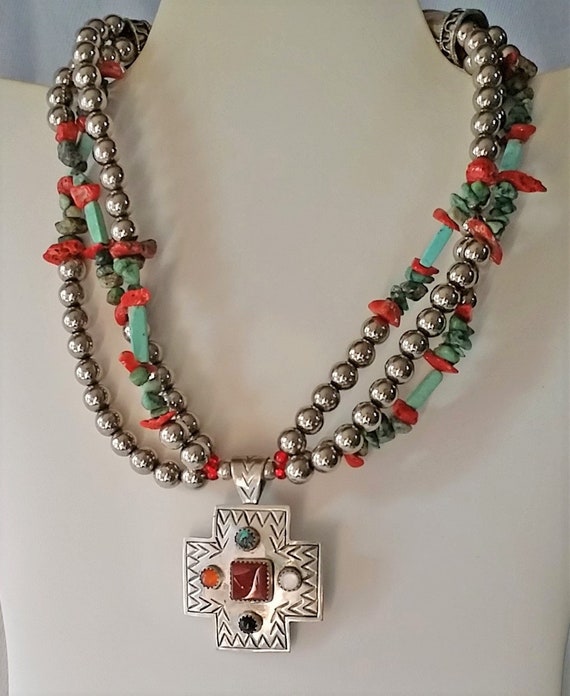 Estate Jasper Multi Stone Cross Necklace