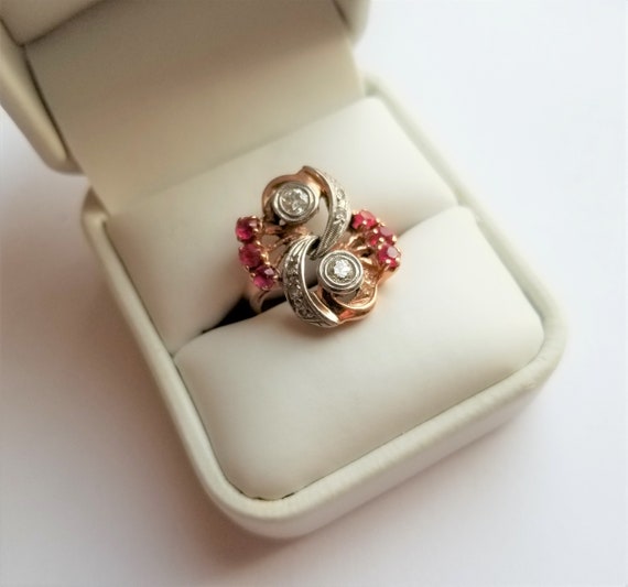 Retro Estate Diamond and Ruby Ring Size 6 - image 1