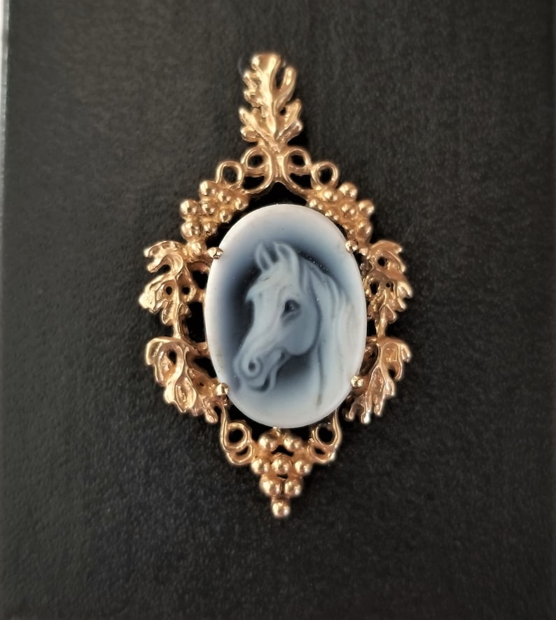 Equestrian Blue Agate 14K Cameo Pendant