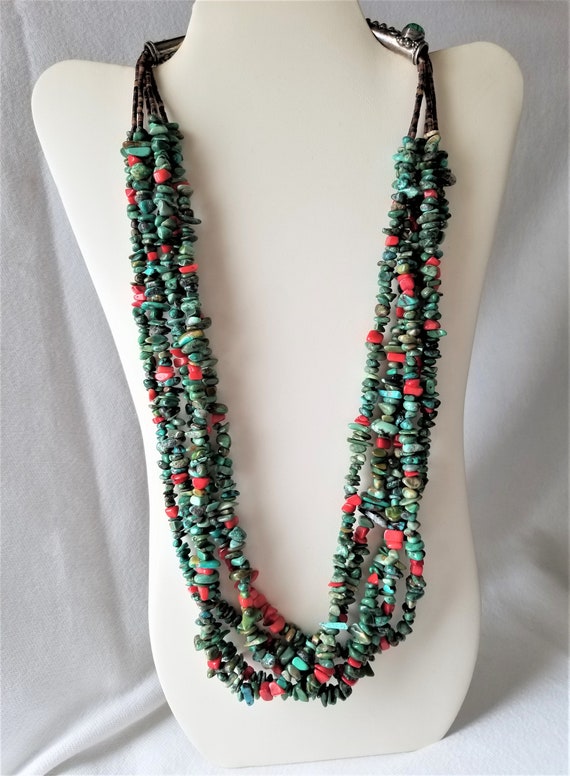 5 Strand Beaded Turquoise and Coral Necklace