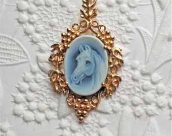 Equestrian Blue Agate 14K Cameo Pendant