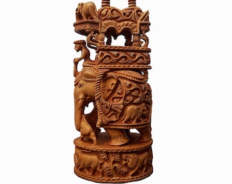 Hand Carved Wood Elephant Figurine: Lucky Ambari Statue, 25 cm