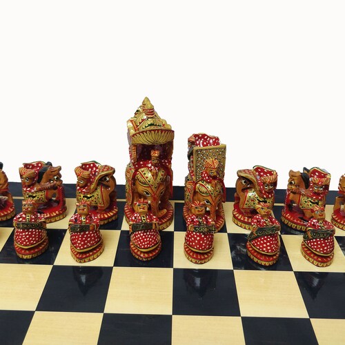 Wood Painted Chess Pieces Hand Carved & shops Painted Indian Maharajah Elephant Theme Chess With Chess Board