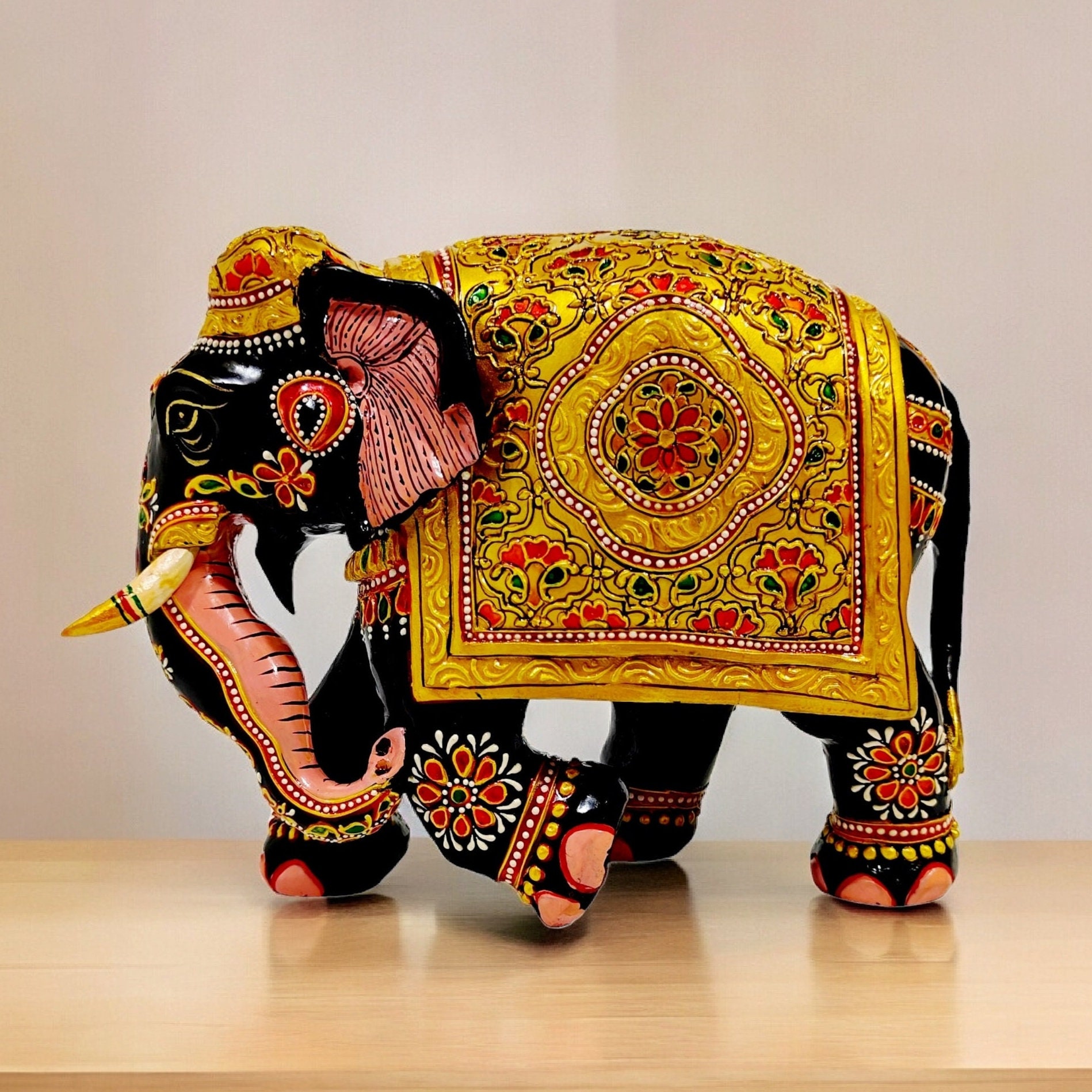 Hand-painted Kadam Wood Elephant Statue: Indian Home Decor (17 Cm