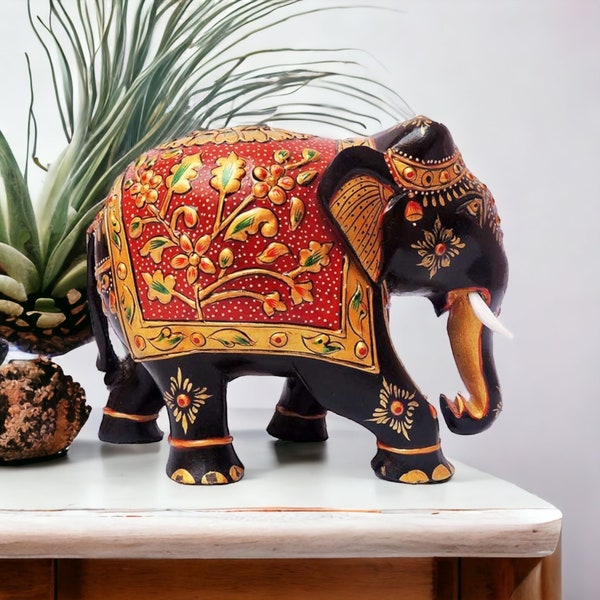 Wood Hand Painted Elephant Hand Carved Figurine Elephant Decor House Decor Indian Elephant Perfect Gift Height 4 Inches