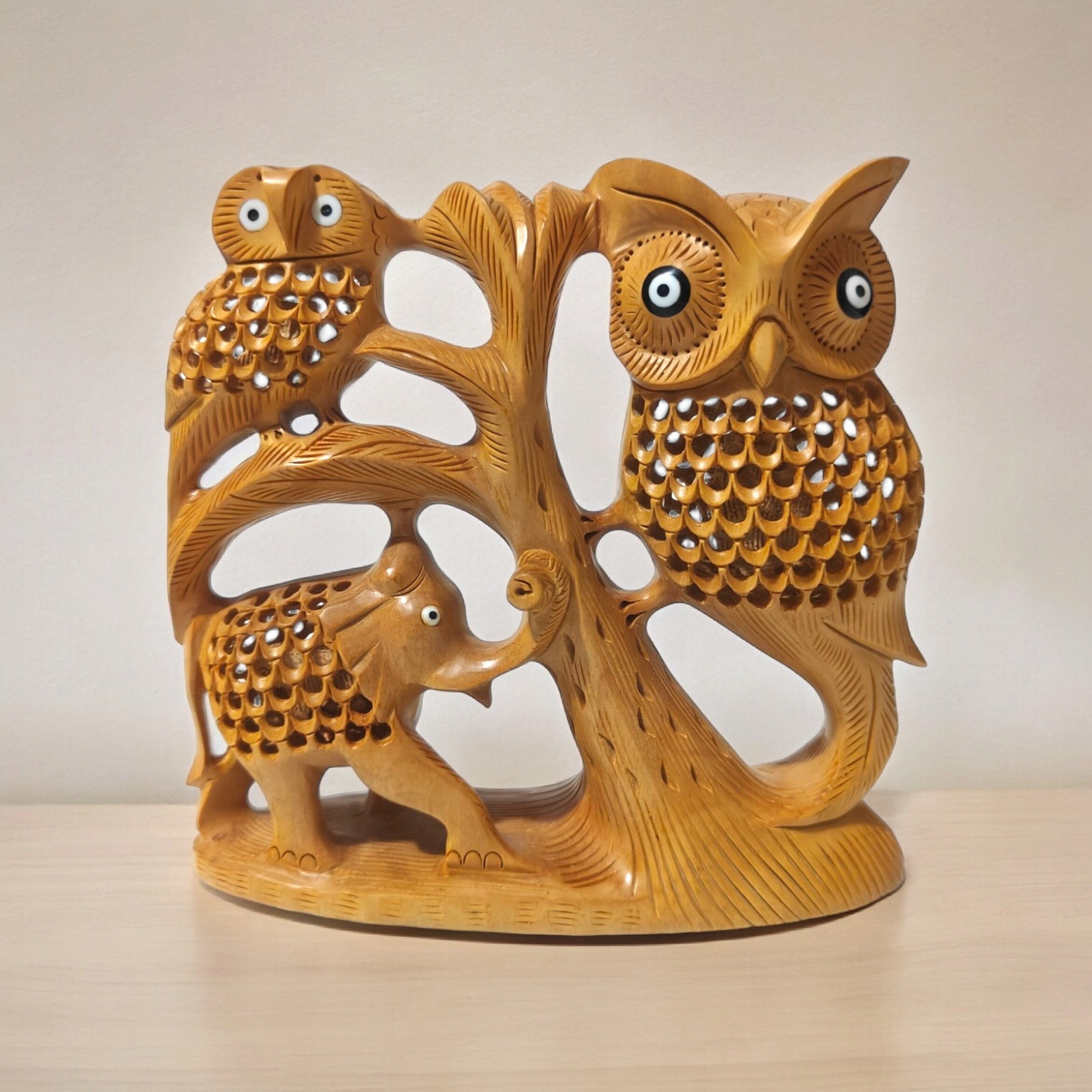 Wooden Owl with Elephant Statue Indian Handicraft Decorative Showpiece  Height 15 cm