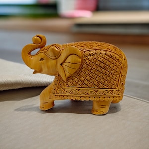 Carved Elephant Statue | Wooden Elephant Figurine | Hand  Carved Indian  Elephant Sculpture |  Home Decorative and wedding gift Height 15 cm