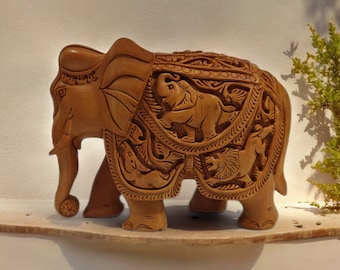 Hand Carved Wood Elephant Figurine: Home Decor Gift (13cm)
