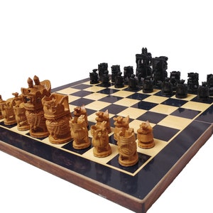 Hand Carved Indian Wooden Chess Set: Elephant Theme, Maharajah Design