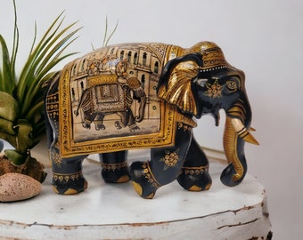 Hand Carved Wooden Elephant Statue: Indian Hand Painted Decor (6.5 inches)