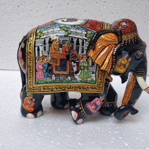 Hand Painted Wood Elephant Figurine: Indian Home Decor (6.5 Inches)