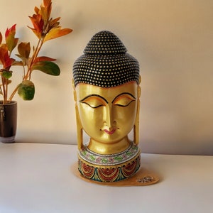 Hand-Painted Wooden Buddha Head Statue - Meditation Decor (12 Inches)