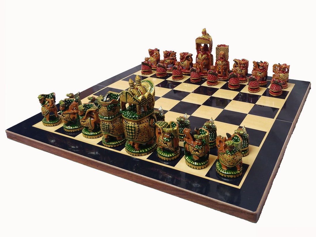 Wood Painted Chess Pieces ,hand Carved, Hand Painted Indian Figure