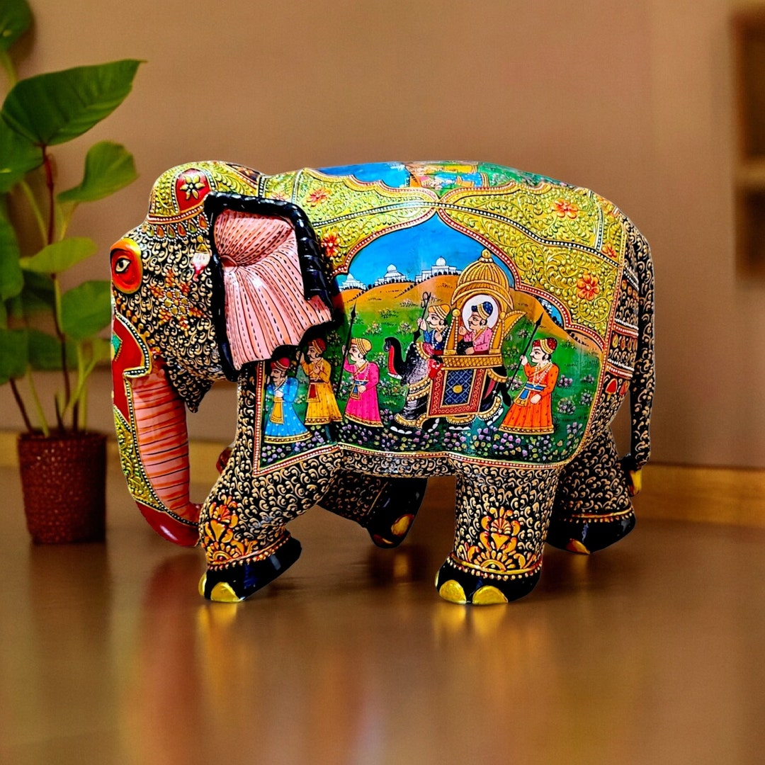 Wooden Hand Carved Elephant Hand Painted Elephant Figurine Home Decor ...