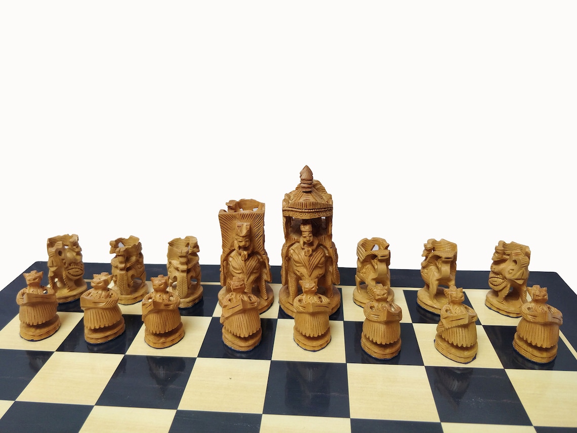 Wood Hand Carved Chess Pieces, Indian Maharajah Design Chess Set