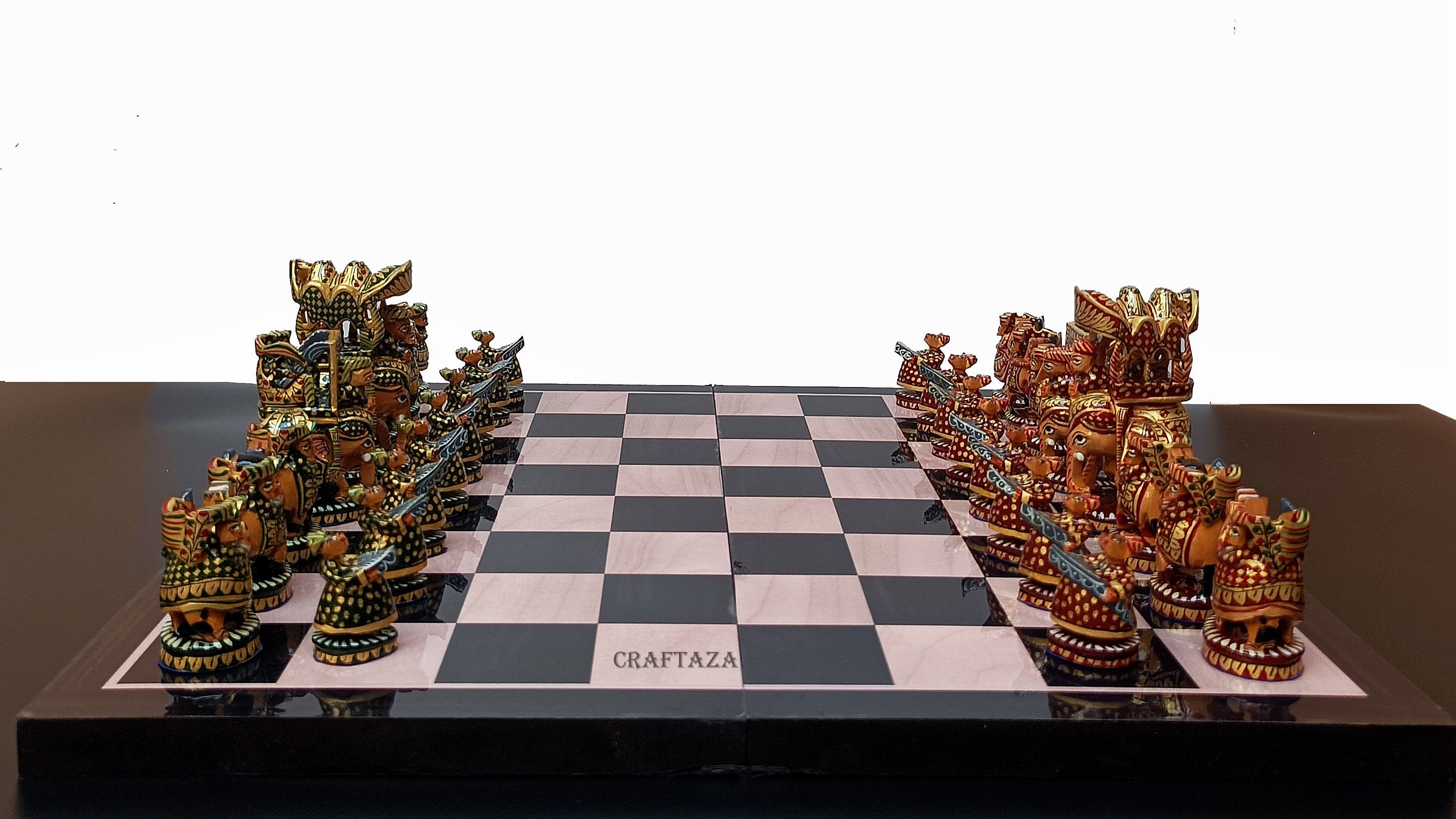 Chess Pieces Wooden Hand Carved Indian Rajasthani Maharaja Painted