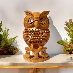 Wooden Owl Figurine, Wood Carving Owl Statue , Handmade Owl Sculpture , Height 10 Inch