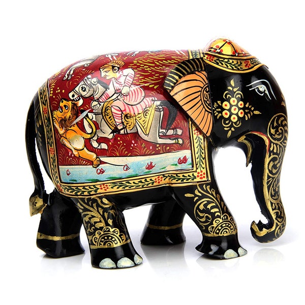 Statue d'éléphant en bois peinte à la main peinture de chasse éléphant en bois jouet Figurine d'éléphant sculpture pour cadeaux