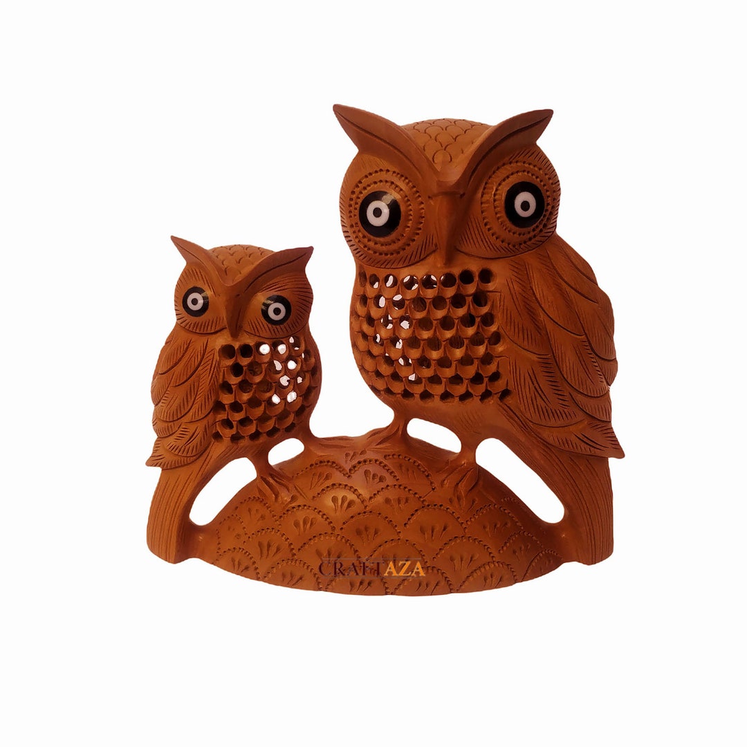 Wooden Owl Figurine, Wooden Owl Statue With Baby Owl, Handmade Owl