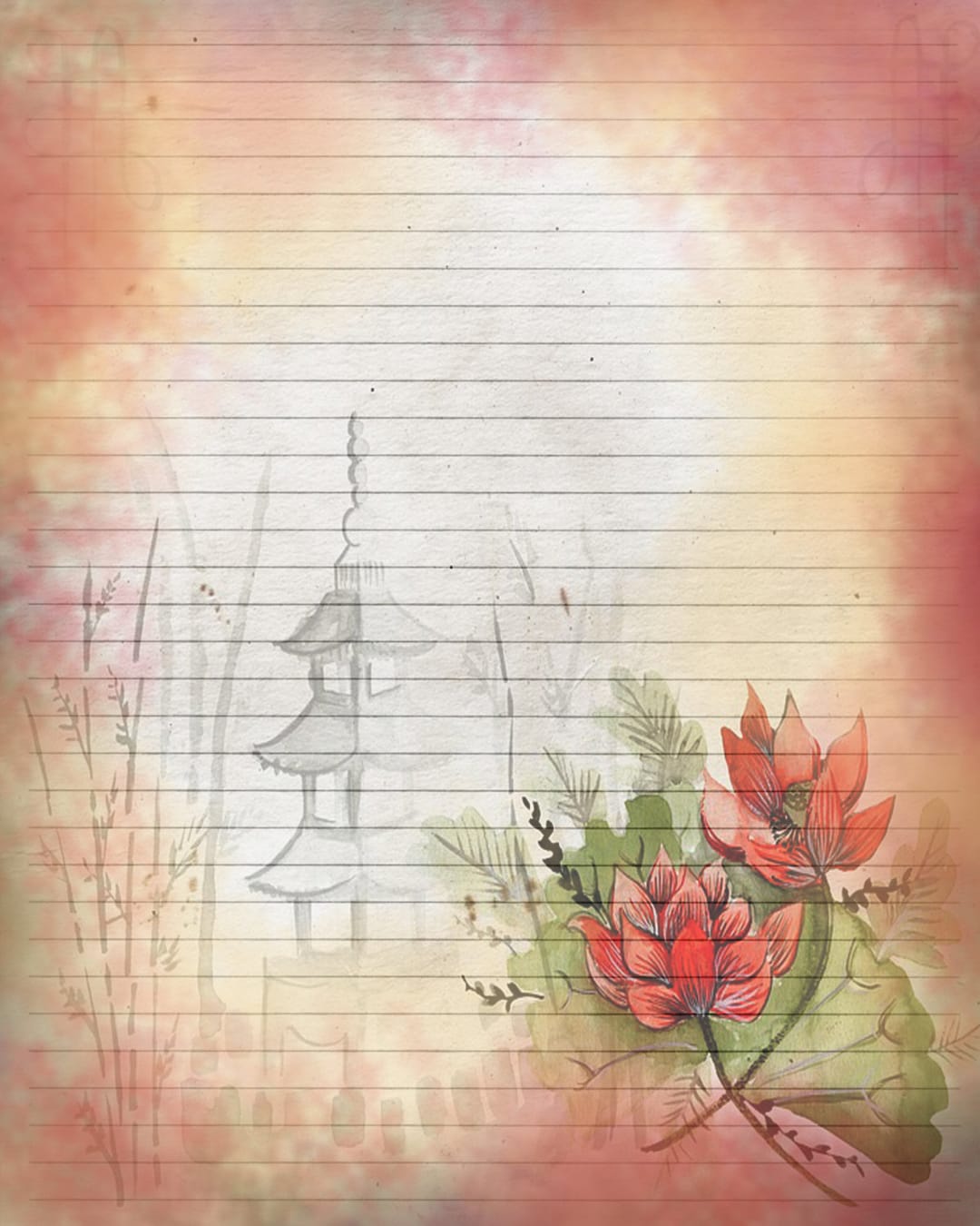 Printable Journal Page Red Flowers Digital Stationery 8 X 10 - Etsy