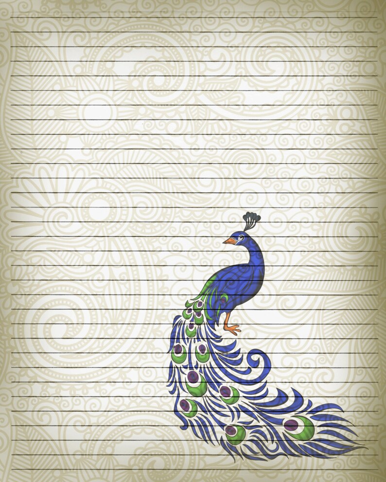 Printable Journal Page Peacock Bird Writing Stationery 8 X - Etsy