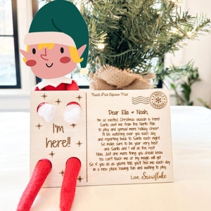 Carta de boas-vindas do elfo, estou aqui, decorações de elfo de madeira, tradições de Natal, cartão de elfo, cartão postal de boas-vindas do elfo