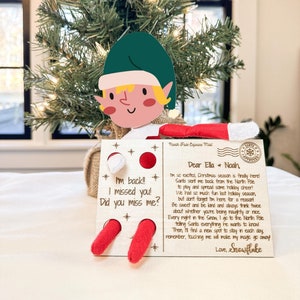 Carte postale elfe je suis de retour, accessoires en bois elfes, message elfe de Noël personnalisé, lettre elfe pour accessoire, cadeaux de Noël pour enfants, carte de retour elfe