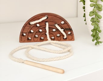 Handmade Walnut Rainbow Lacing Toy, Boho Nursery Decor