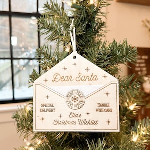Adorno de sobre de lista de Navidad con carta personalizada para Papá Noel para lista de deseos, sobre con mensaje para Papá Noel, sobre con lista de Navidad con texto "Querido Papá Noel"