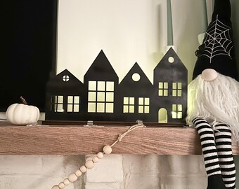 Black Wooden Halloween Village Tea Light Holder, Spooky Mantle Decor