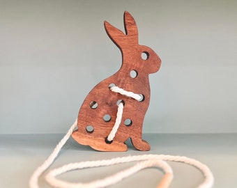 Wooden Bunny Lacing Toy for Toddler Easter Basket, Boho Minimal Simple Easter Basket Stuffers, Easter Bunny Spring Themed Gifts for Toddlers