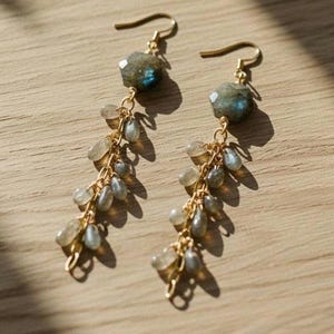 May include: A pair of gold-toned dangle earrings featuring a faceted hexagonal labradorite stone at the top, connected to a cluster of small, teardrop-shaped labradorite beads suspended on delicate gold-colored wire chains with hook backings.