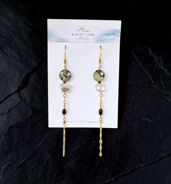 Prehnite Earrings with Black Pearl, Natural Gemstone Gold Chain Dangle, Witchy Boho Drop Jewelry, Long Threader Statement Gift for Her