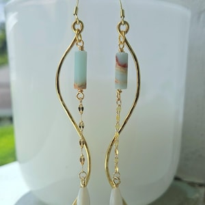 Azure Imperial Jasper Earrings, Hammered Gold Wave S Hoop Dangle, Mother of Pearl Drop Jewelry, Elegant Coastal Chic Vacation Gift her